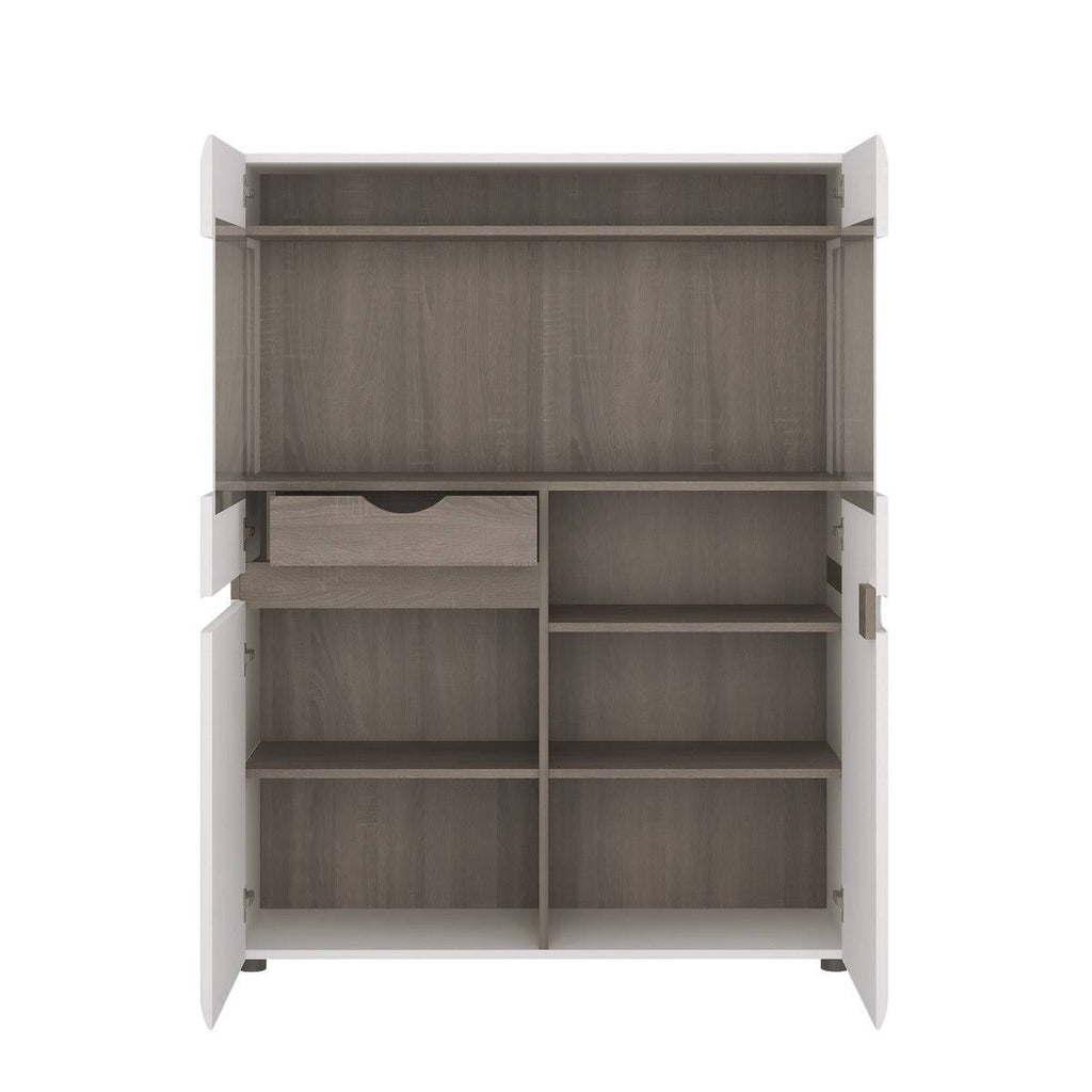 Chelsea Low Display Cabinet 109cm Wide in White Gloss with Truffle Oak - Price Crash Furniture