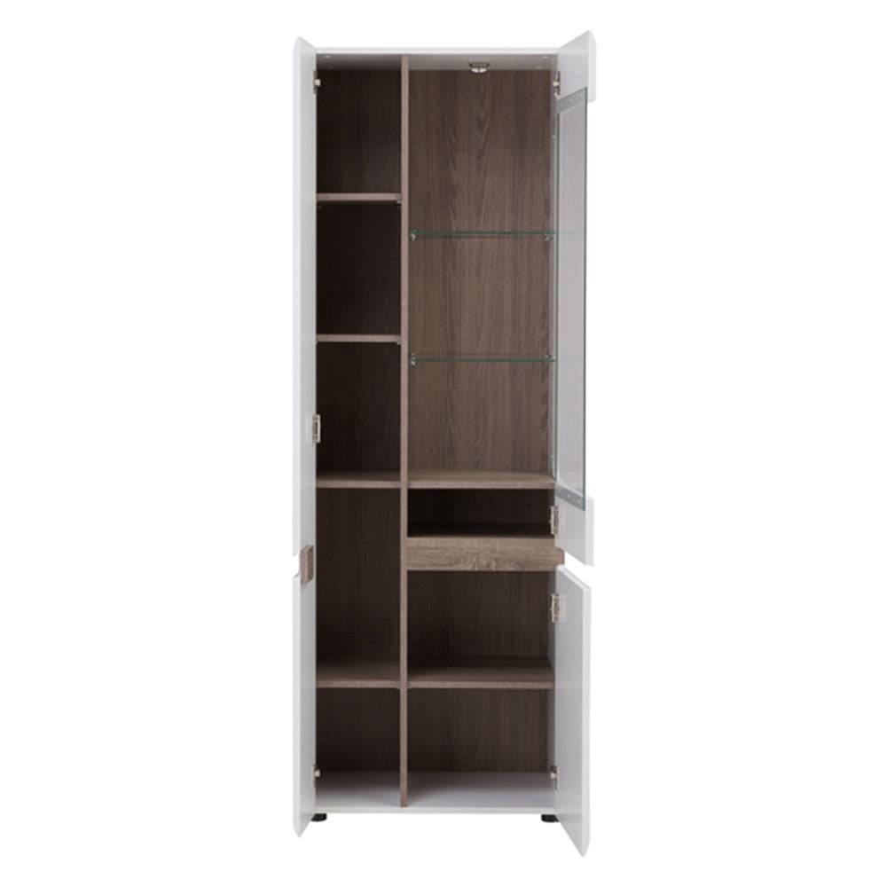 Chelsea Tall Glazed Narrow Display Unit (LHD) in White Gloss with Truffle Oak - Price Crash Furniture