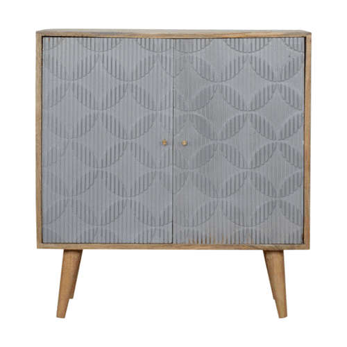 Geometric Carved Grey 2 Door Cabinet in Solid Mango Wood - Price Crash Furniture