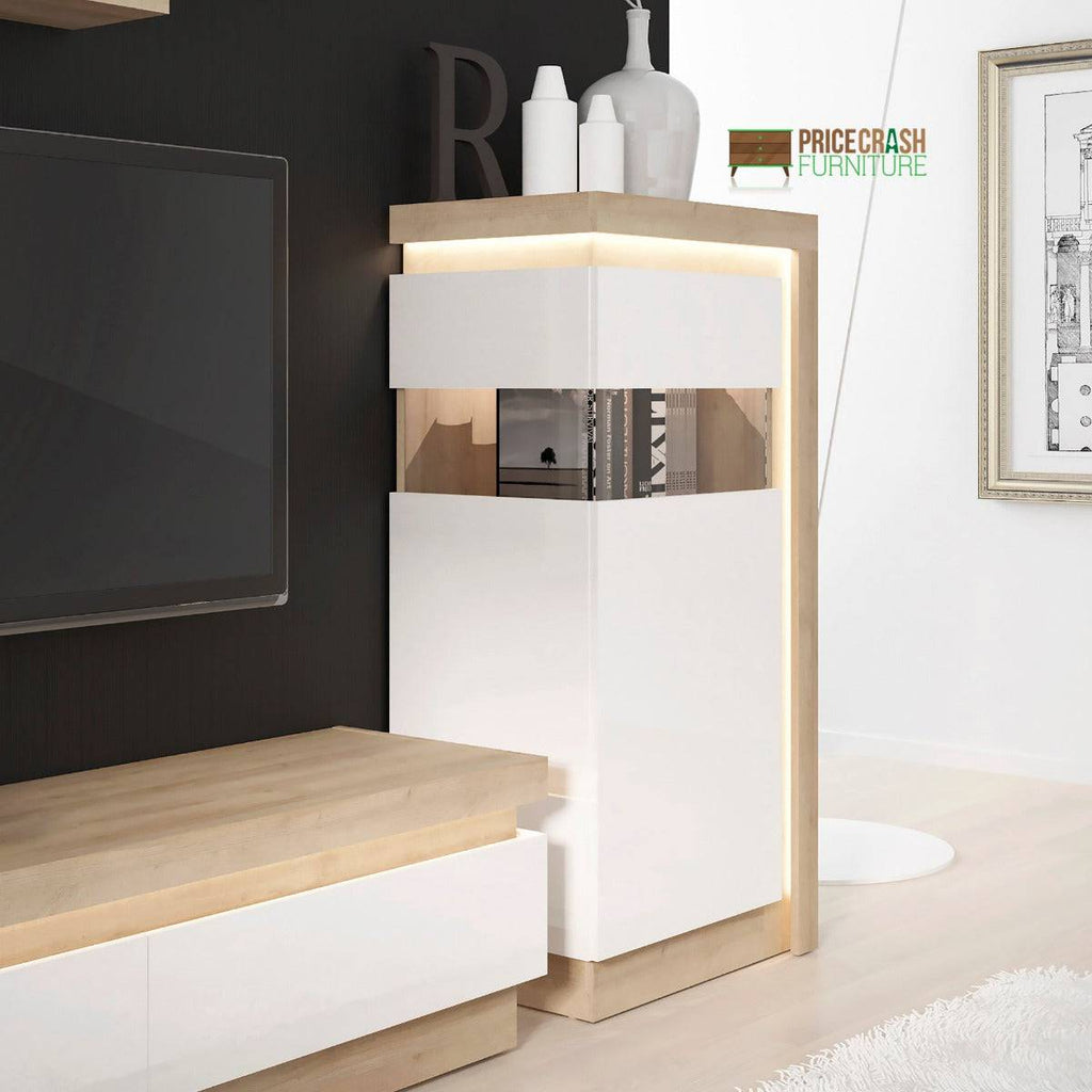 Lyon 124 cm Display Cabinet Narrow (LH) incl LED Lighting in Riviera Oak/White High Gloss - Price Crash Furniture