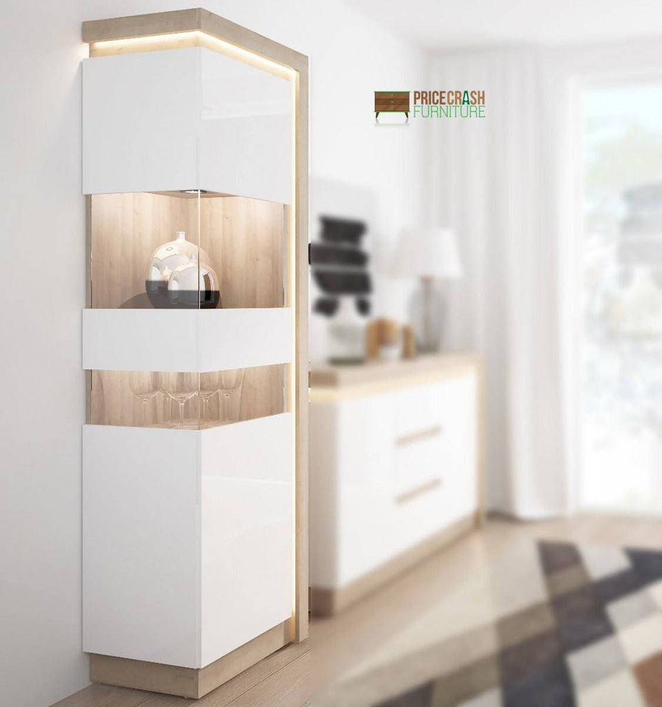 Lyon 198 cm Display Cabinet Narrow (LH) incl LED Lighting in Riviera Oak/White High Gloss - Price Crash Furniture
