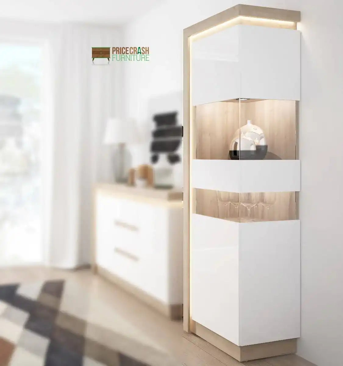 Lyon 198 cm Display Cabinet Narrow (RH) - LED Lighting - Riviera Oak/White High Gloss - Price Crash Furniture