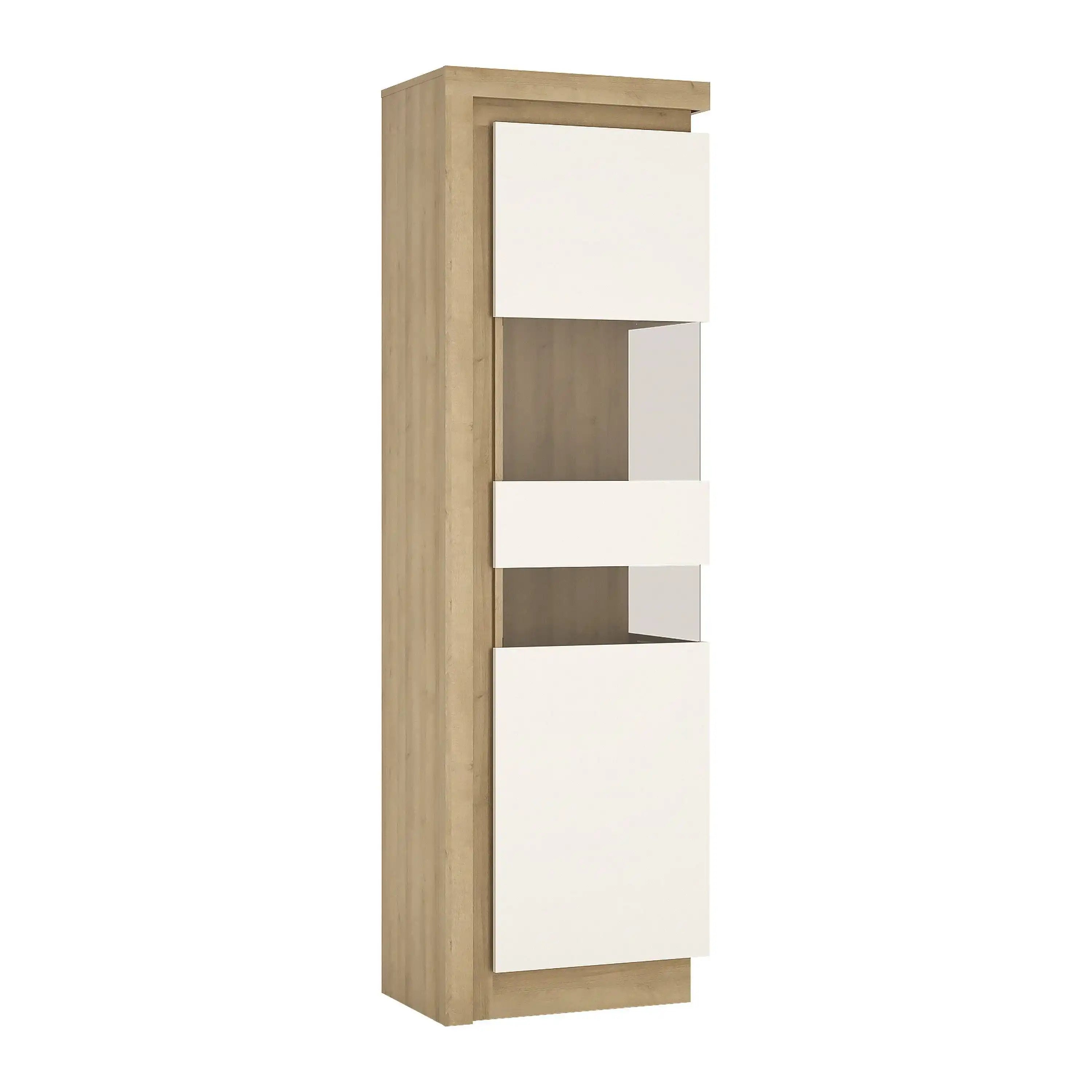 Lyon 198 cm Display Cabinet Narrow (RH) - LED Lighting - Riviera Oak/White High Gloss - Price Crash Furniture