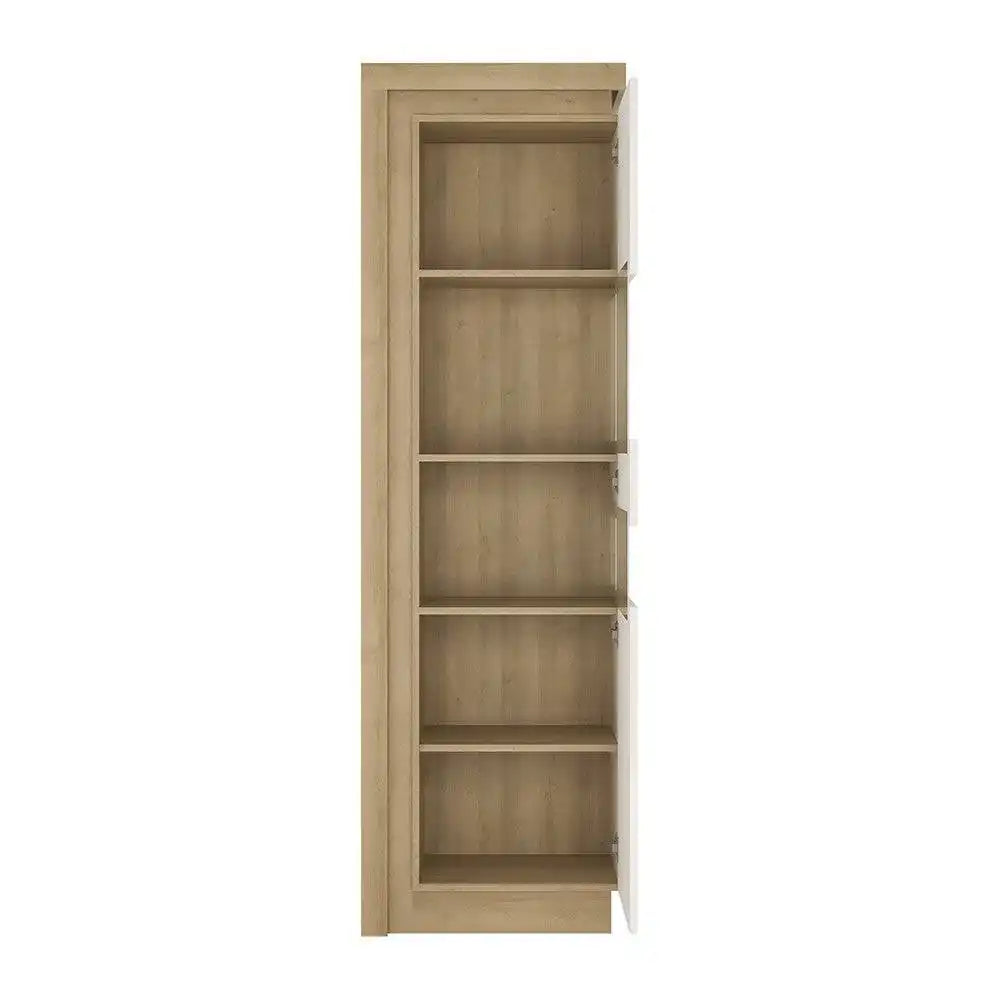 Lyon 198 cm Display Cabinet Narrow (RH) - LED Lighting - Riviera Oak/White High Gloss - Price Crash Furniture