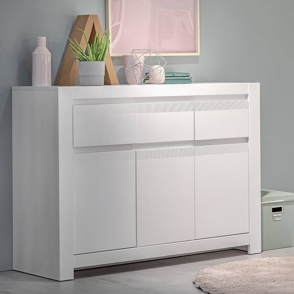 Novi 3 Door 3 Drawer Sideboard Buffet Unit Cabinet In Alpine White - Price Crash Furniture