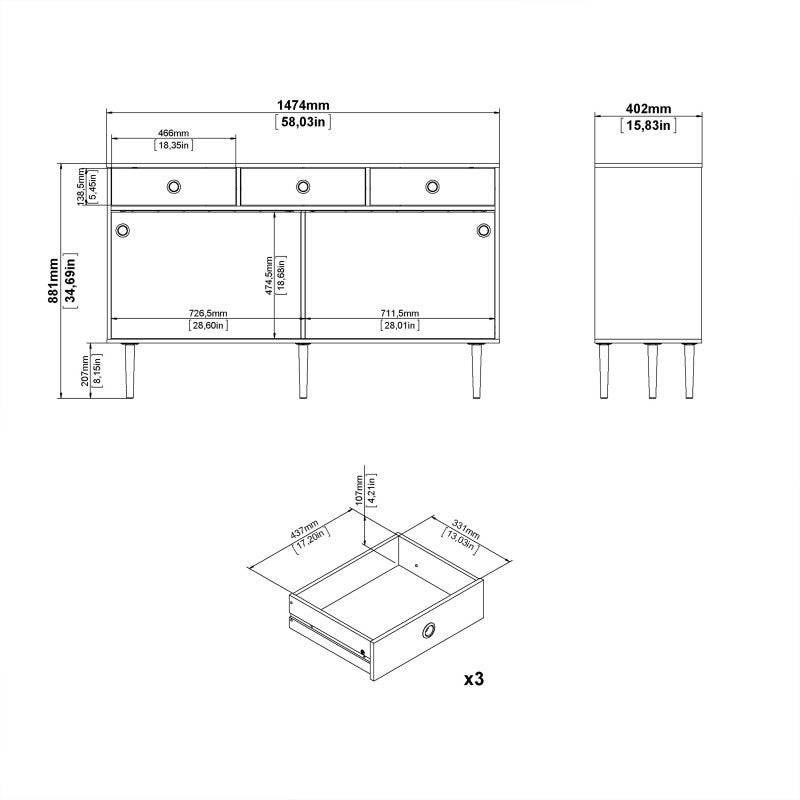 Rome Sideboard 2 Sliding Doors + 3 Drawers in Jackson Hickory Oak with Matt White - Price Crash Furniture