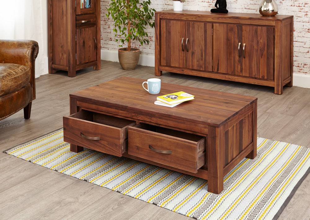 Baumhaus Mayan Walnut Low Four Drawer Coffee Table - CWC08B - Price Crash Furniture