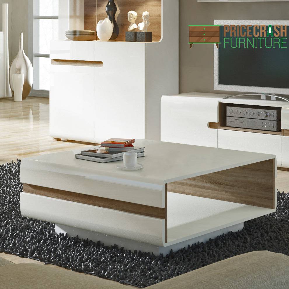 Chelsea 75cm Small Coffee Table in White Gloss with Truffle Oak - Price Crash Furniture