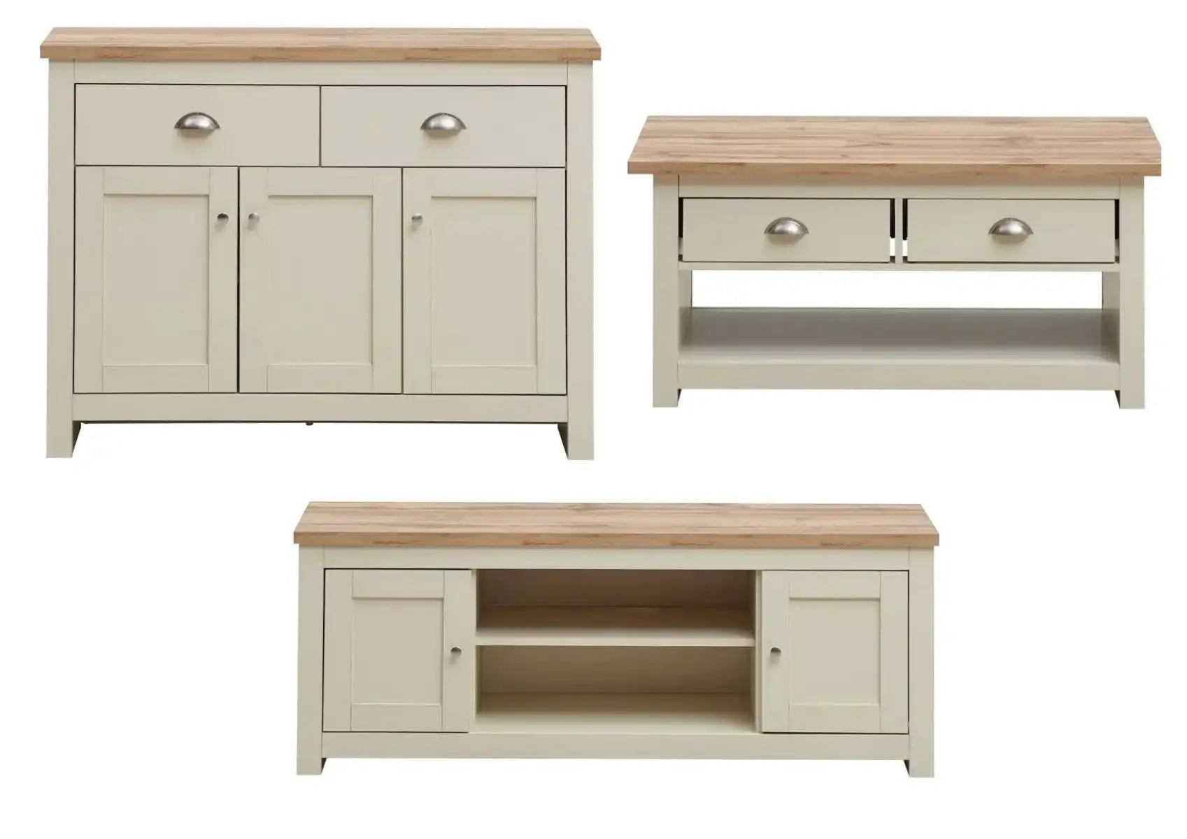 Lisbon Living 3 Piece Set: 2 Door TV Unit, 3 Door Sideboard, Coffee Table - Price Crash Furniture