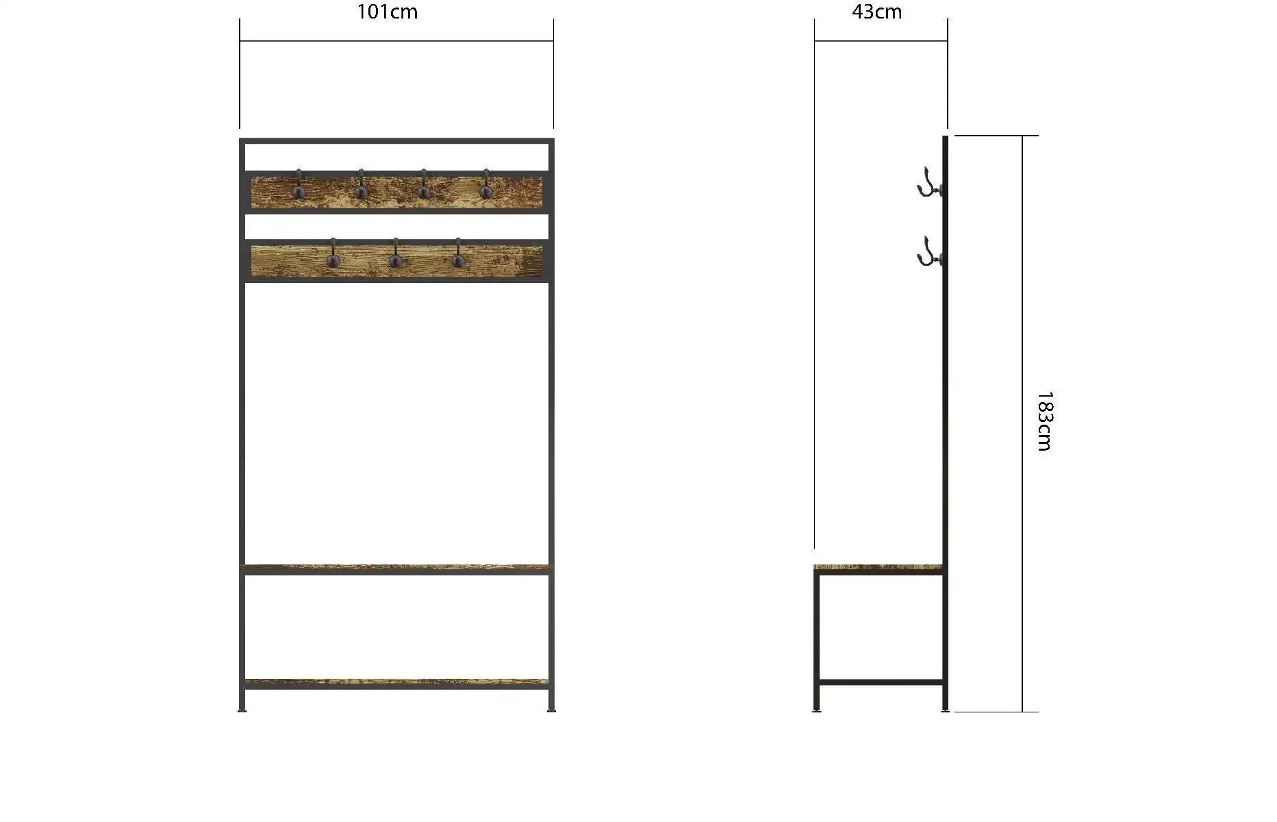 Bala Living Coat Rack rustic wood grain style with black frame by TAD - Price Crash Furniture