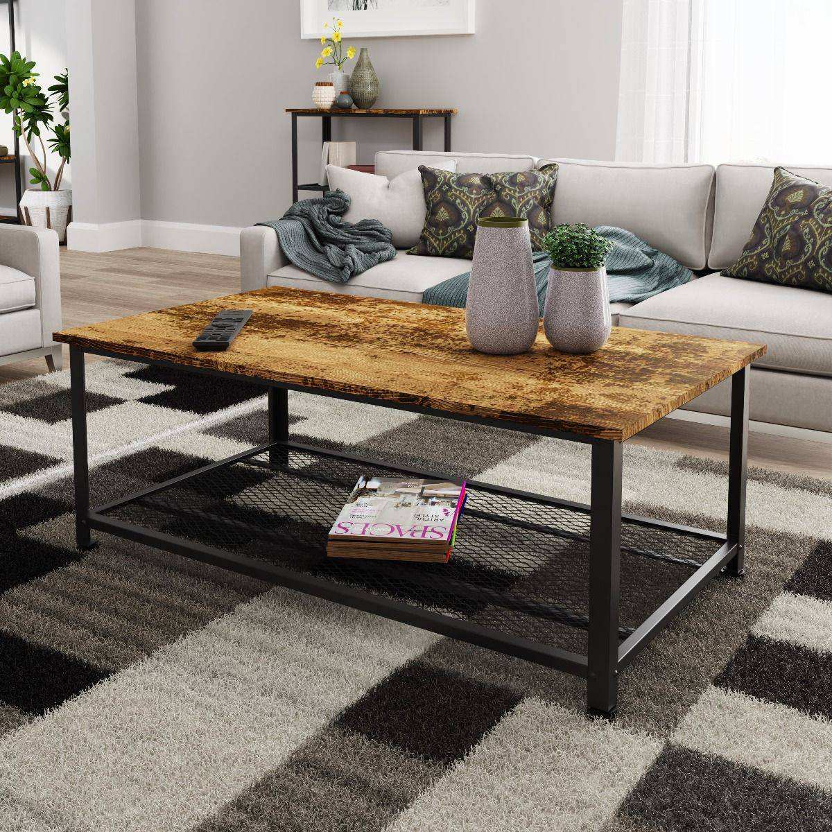 Bala Living Coffee Table rustic wood grain style & black frame - Price Crash Furniture