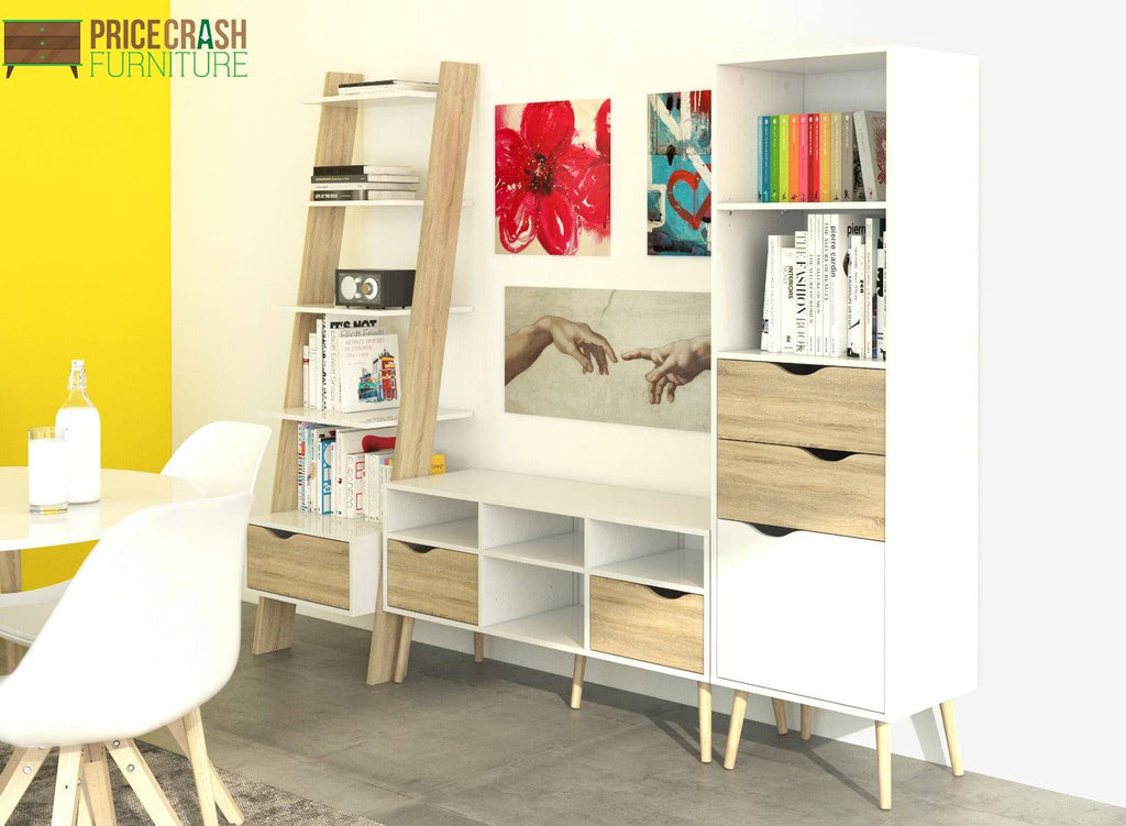 Oslo Leaning Ladder Bookcase 1 Drawer in White and Black Matt - Price Crash Furniture