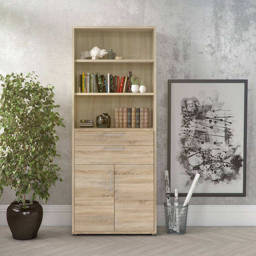 Prima Bookcase 5 Shelves with 2 Drawers and 2 Doors in Oak - Price Crash Furniture