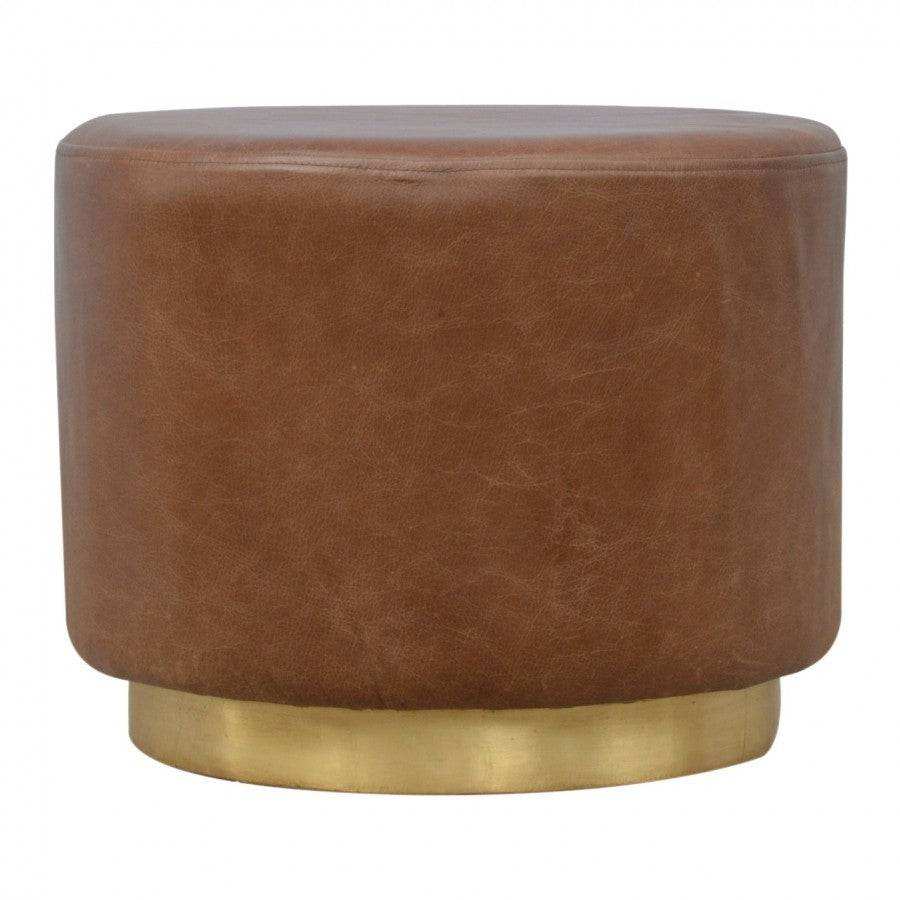 Round Brown Buffalo Leather Footstool With Gold Base - Price Crash Furniture