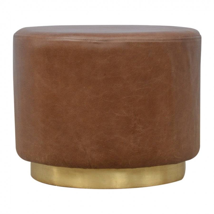 Round Brown Buffalo Leather Footstool With Gold Base - Price Crash Furniture
