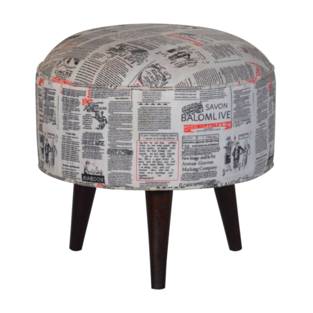 Round Footstool with News Print Velvet - Price Crash Furniture