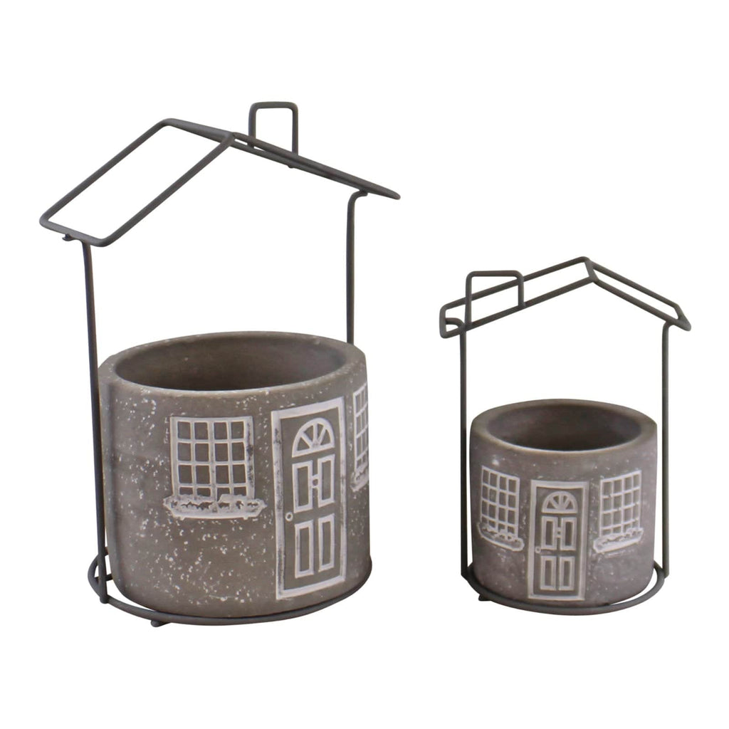 Set of 2 Cement House Planters, Round, Indoor Use - Price Crash Furniture
