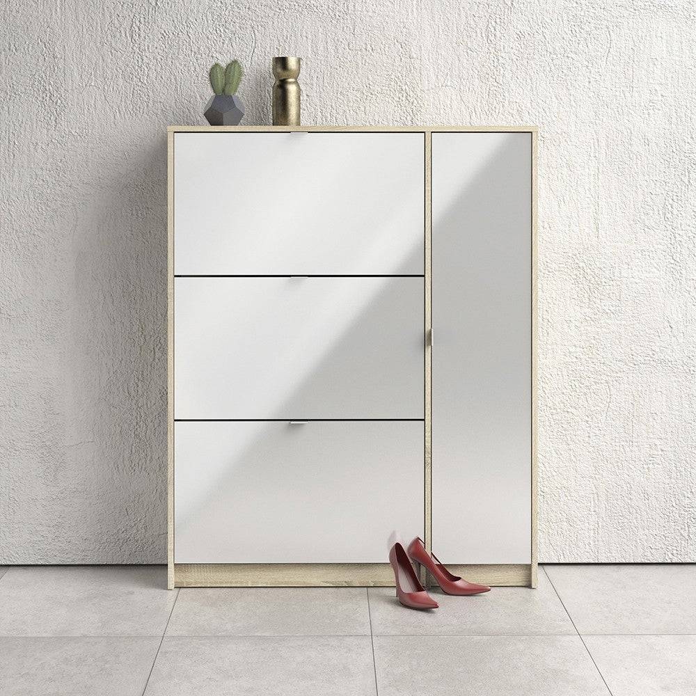 Shoe Cabinet: 4 compartments with 2 layers & 1 mirror door in Oak & Gloss White - Price Crash Furniture