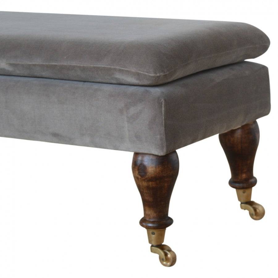 Velvet Bench with Castor Legs in Grey & Walnut-effect Mango Wood - Price Crash Furniture