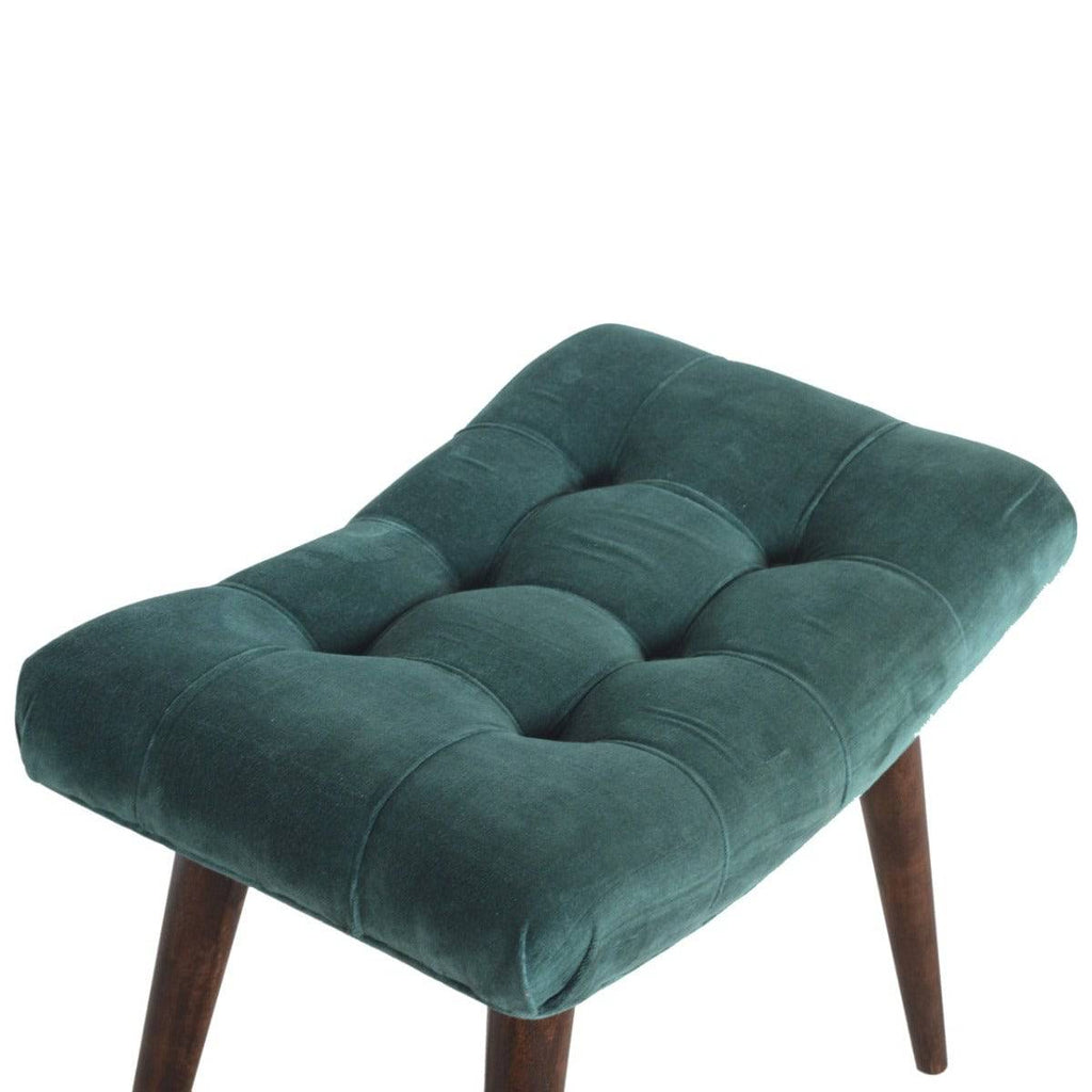 Velvet Curved Bench Seat in Emerald Green & Walnut-effect Mango Wood - Price Crash Furniture