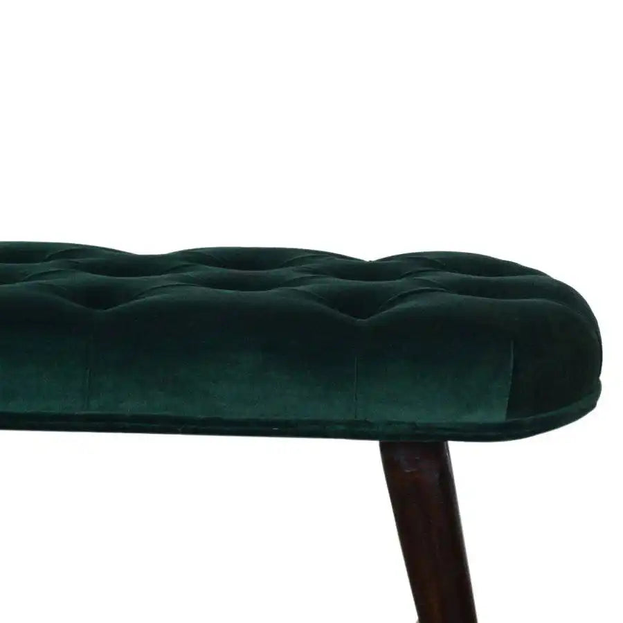 Velvet Deep Button Bench Seat in Emerald Green & Walnut - Price Crash Furniture