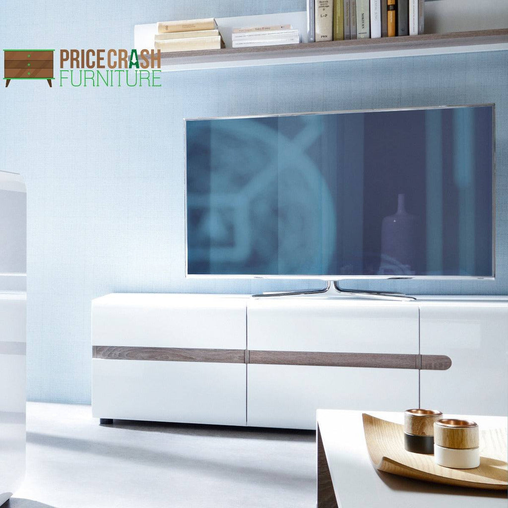 Chelsea Living Wide 3 Door TV Unit in White with Truffle Oak - Price Crash Furniture