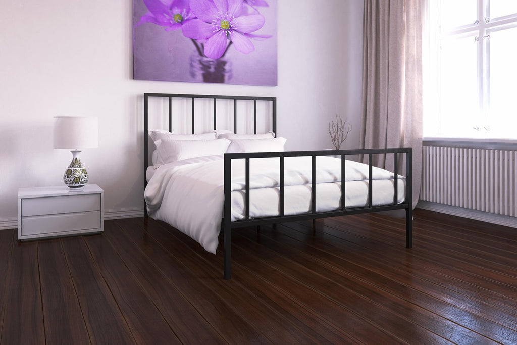 In room, lifestyle view: Stella Metal King Size Bed in Black by Dorel at Price Crash Furniture. Also in Gold.