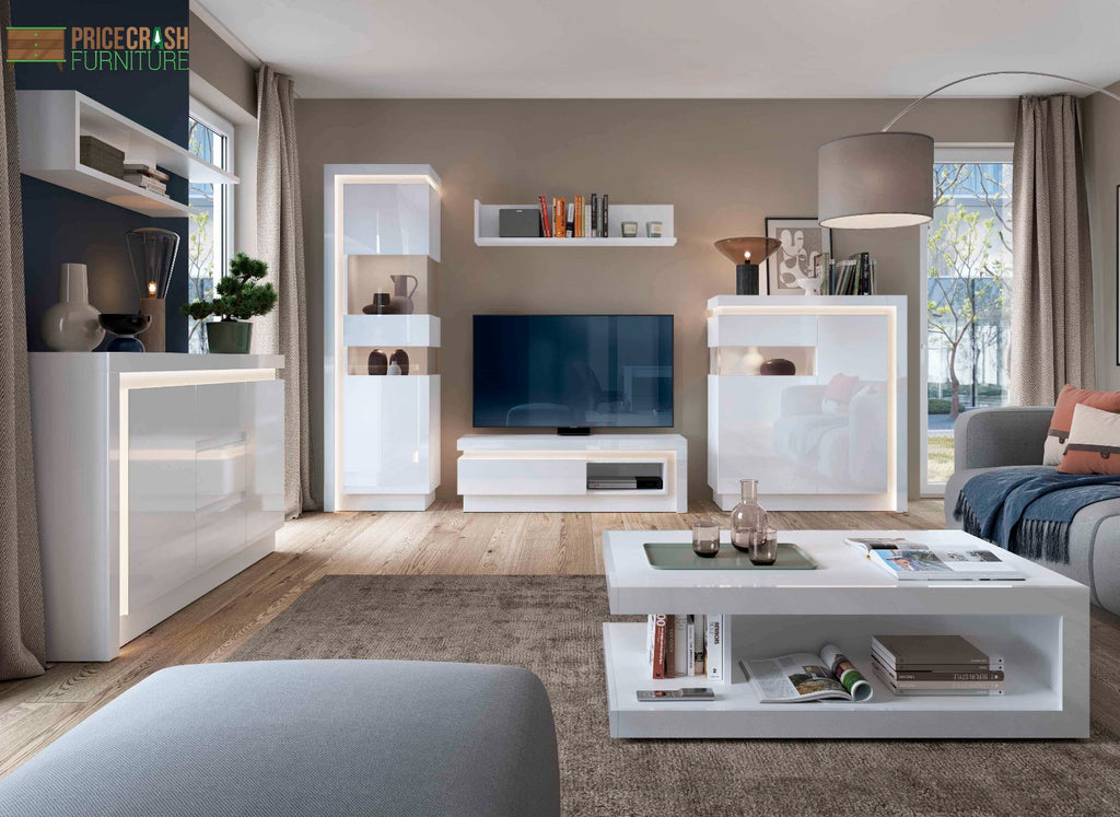Lyon Tall Narrow Display Cabinet (RHD) (including LED lighting) in White High Gloss - Price Crash Furniture