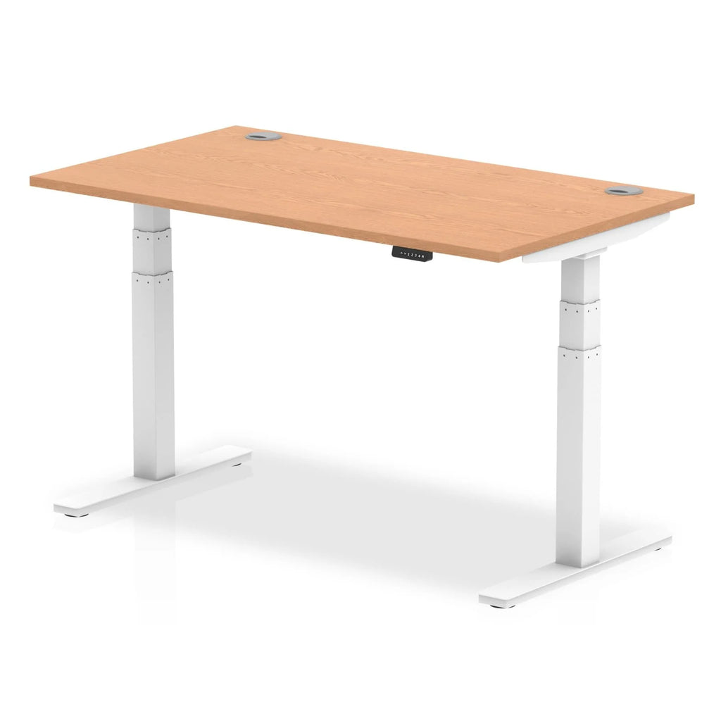 Air 800mm Height Adjustable Office Desk Oak Top Cable Ports White Leg - Price Crash Furniture