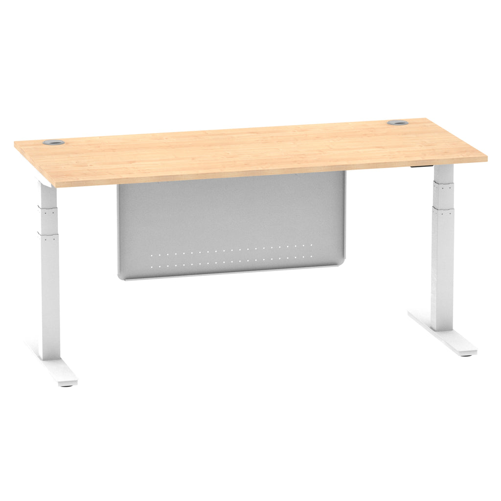 Air Modesty 800mm Height Adjustable Office Desk Maple Top Cable Ports White Leg With White Steel Modesty Panel - Price Crash Furniture