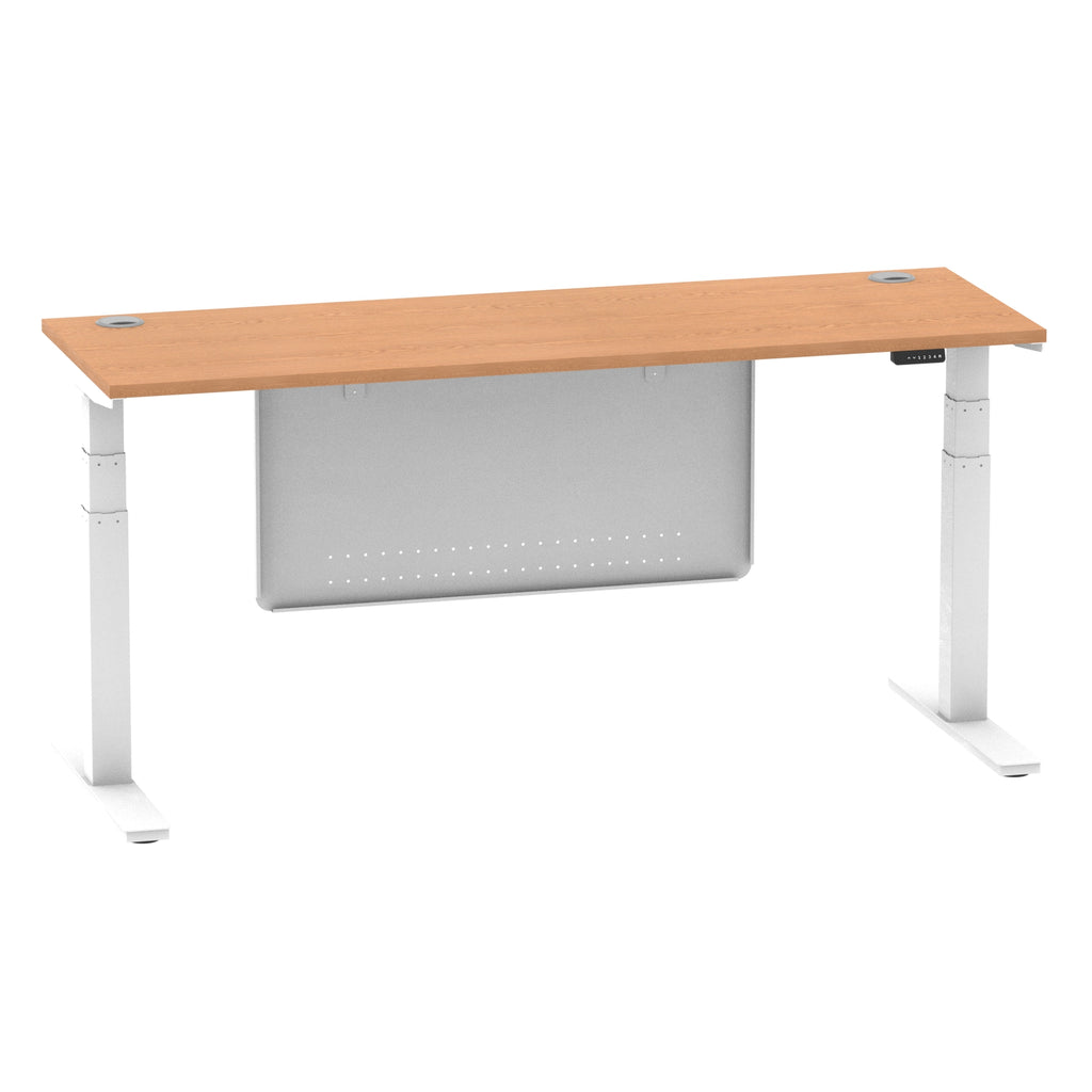 Air Modesty 600mm Height Adjustable Office Desk Oak Top Cable Ports White Leg With White Steel Modesty Panel - Price Crash Furniture