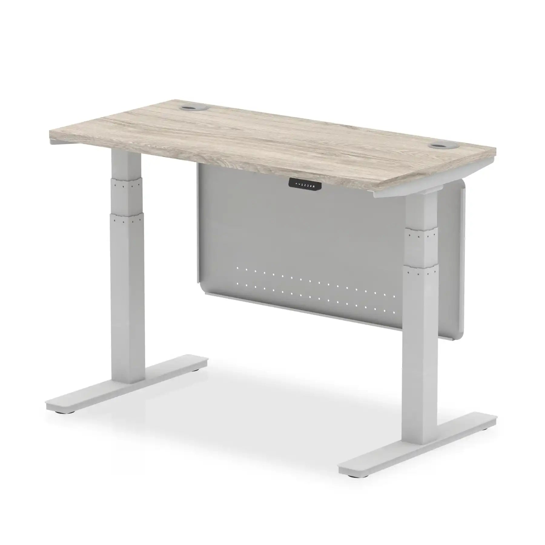 Air Modesty 600mm Height Adjustable Office Desk Grey Oak Top Cable Ports Silver Leg With Silver Steel Modesty Panel - Price Crash Furniture