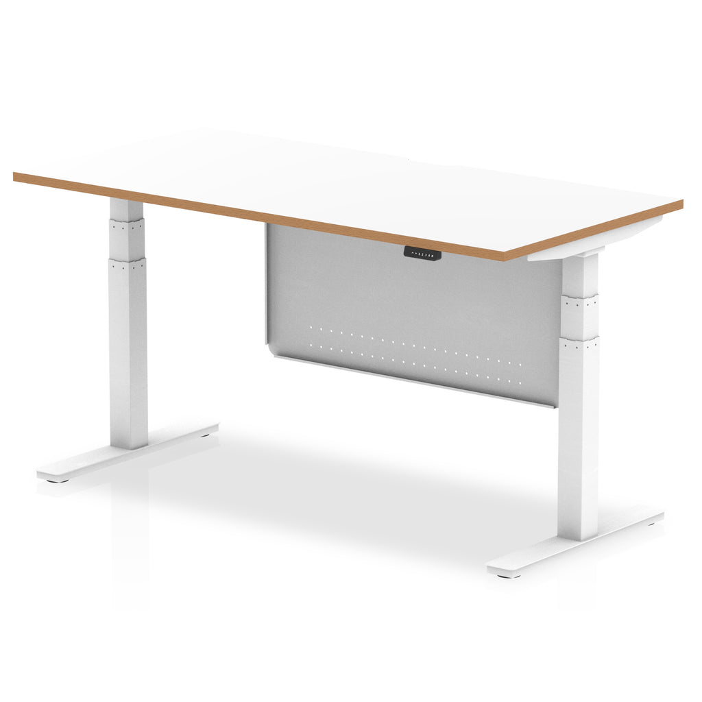 Oslo Height Adjustable Office Desk White Top Natural Wood Edge White Frame With White Steel Modesty Panel - Price Crash Furniture