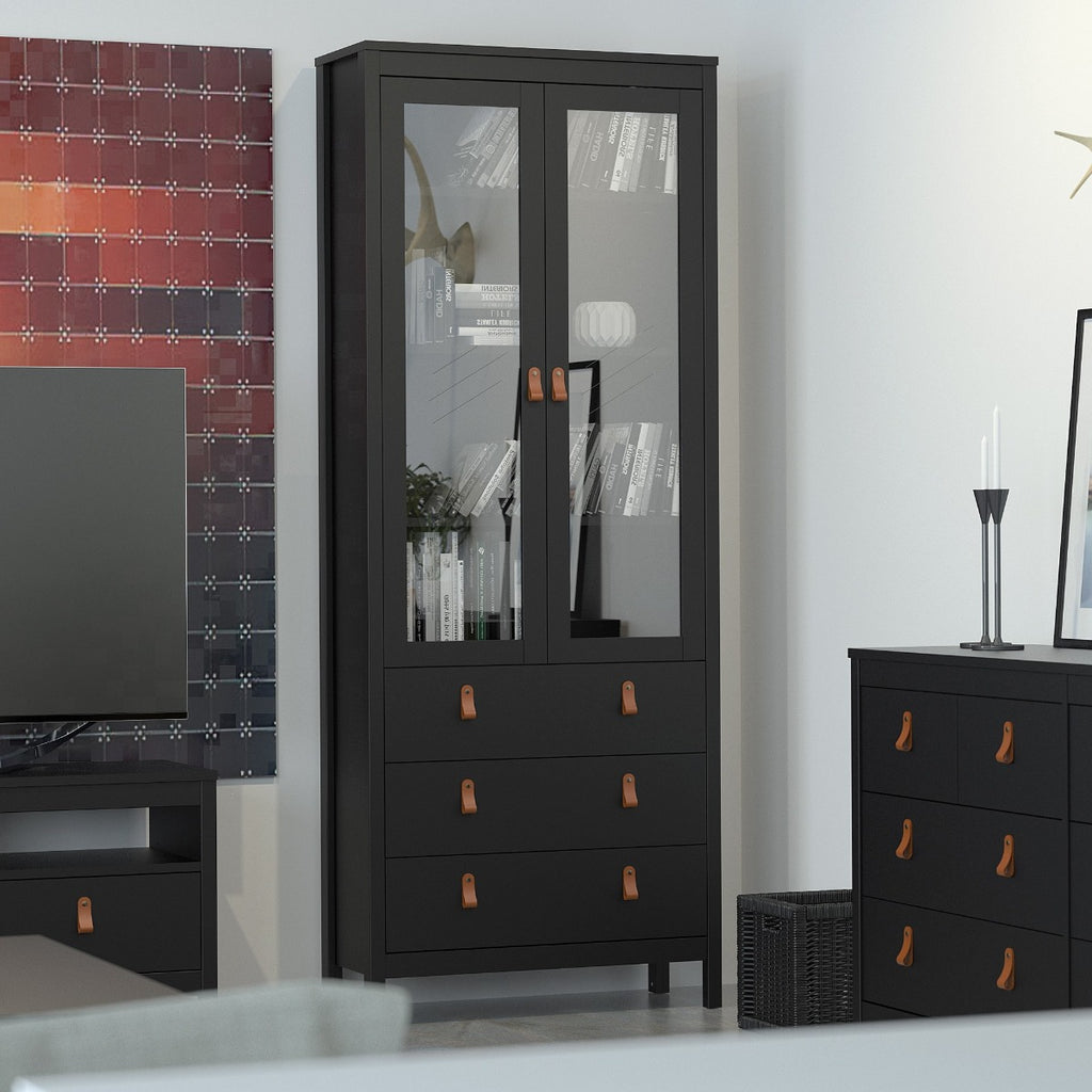 Barcelona Glazed Double Display China Cabinet Unit 2 Doors 3 Drawers Black - Price Crash Furniture