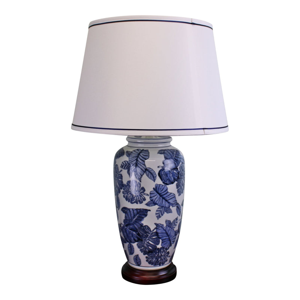 Blue & White Ceramic Lamp with Wooden Base 70cm - Price Crash Furniture
