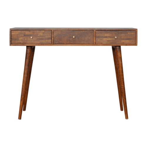 Patchwork Pattern 3 Drawer Console Table in Chestnut-effect Mango Wood - Price Crash Furniture