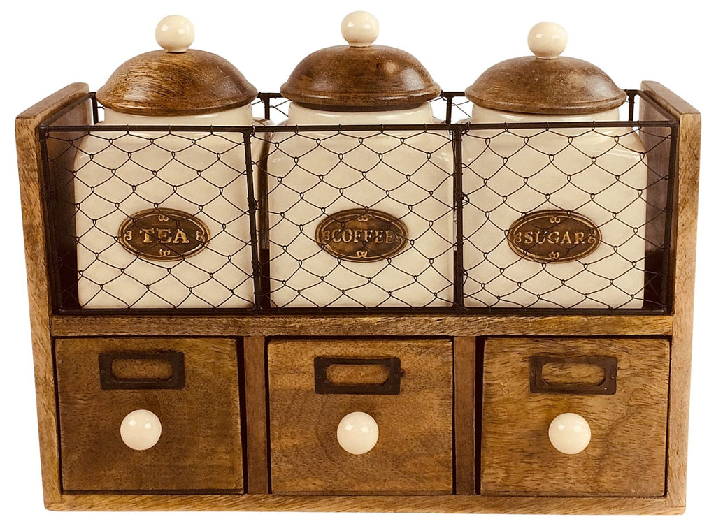 Wooden Cabinet With 3 Jars & Drawers Tea Coffee Sugar - Price Crash Furniture