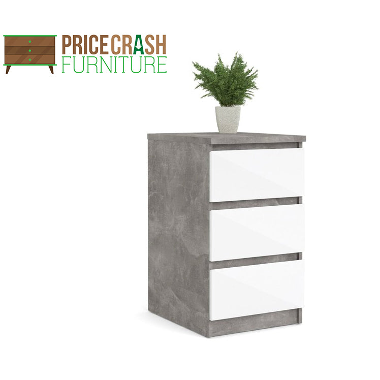 Naia Bedside Table 3 Drawers in Concrete Grey and White High Gloss - Price Crash Furniture