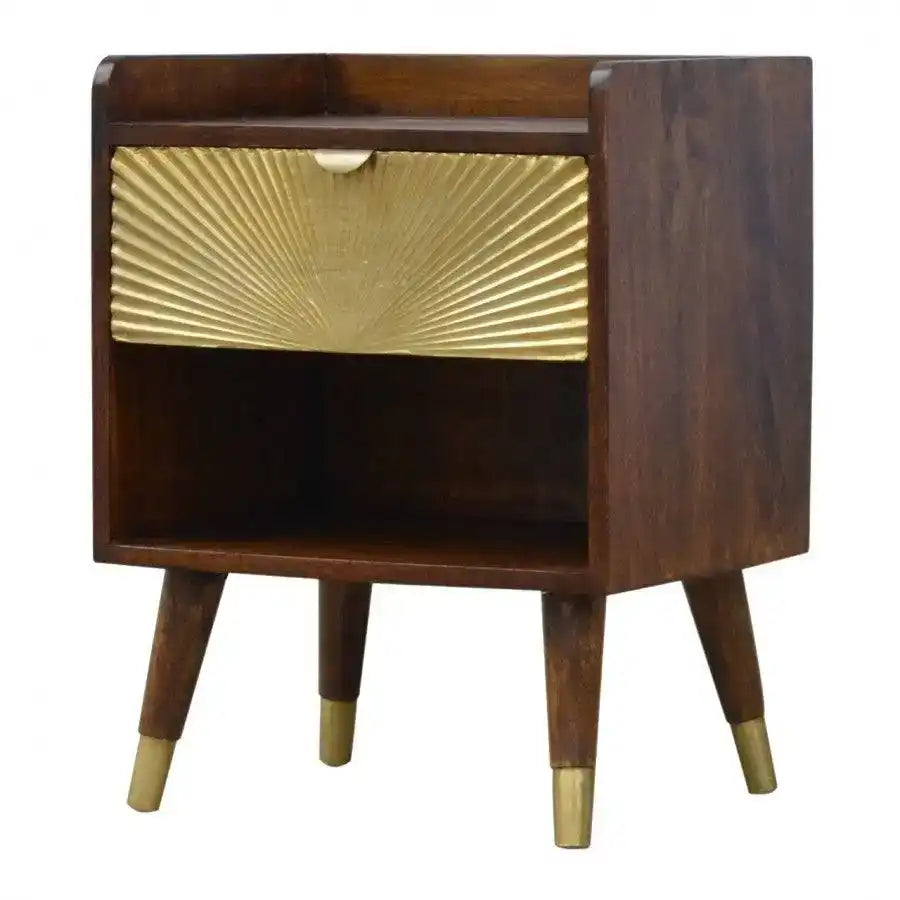 1 Drawer Chestnut Bedside With Gold Sunrise Pattern Drawer Front - Price Crash Furniture