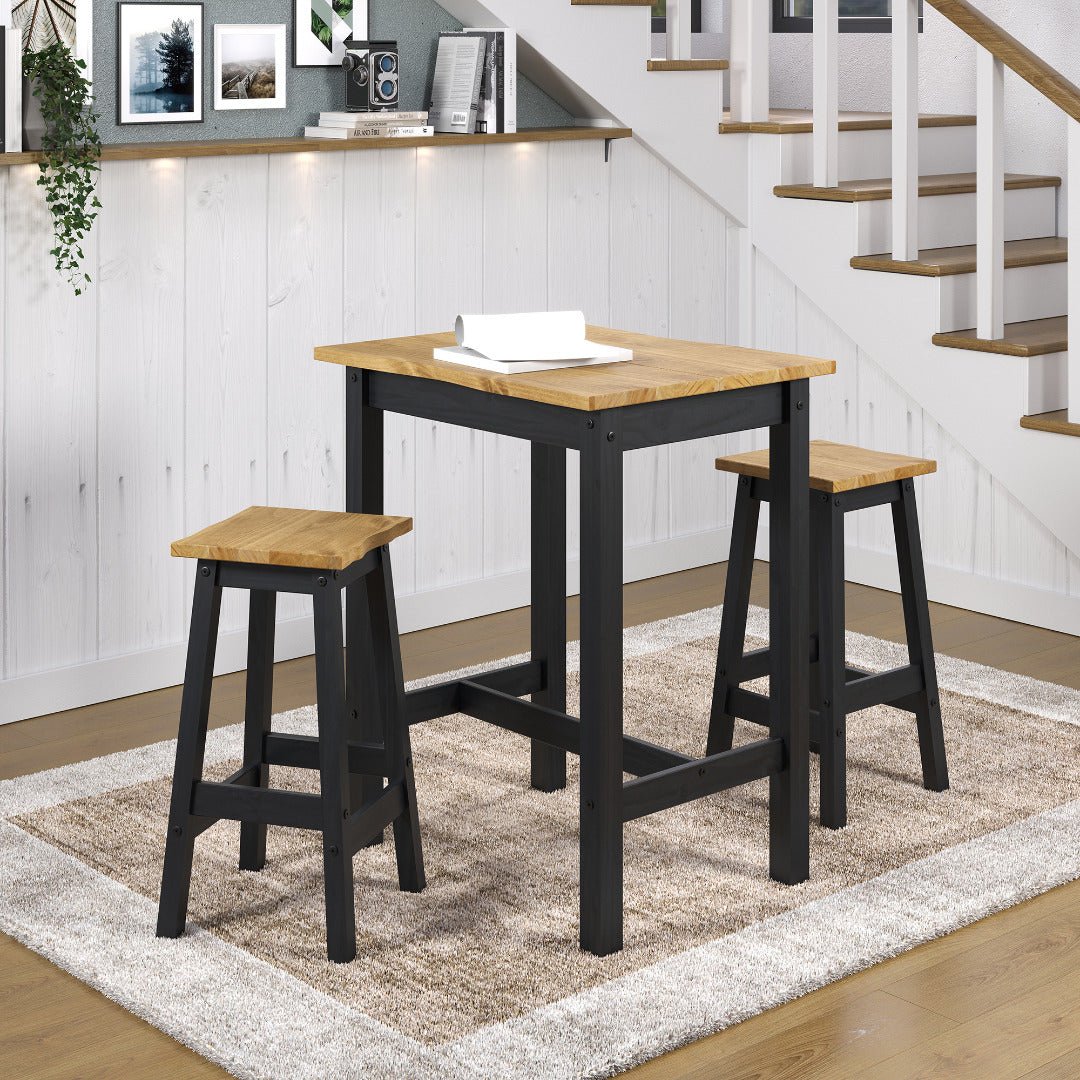 Corona Black Dining Set - live edge small rectangular high breakfast bar table & 2 bar stool set - Price Crash Furniture