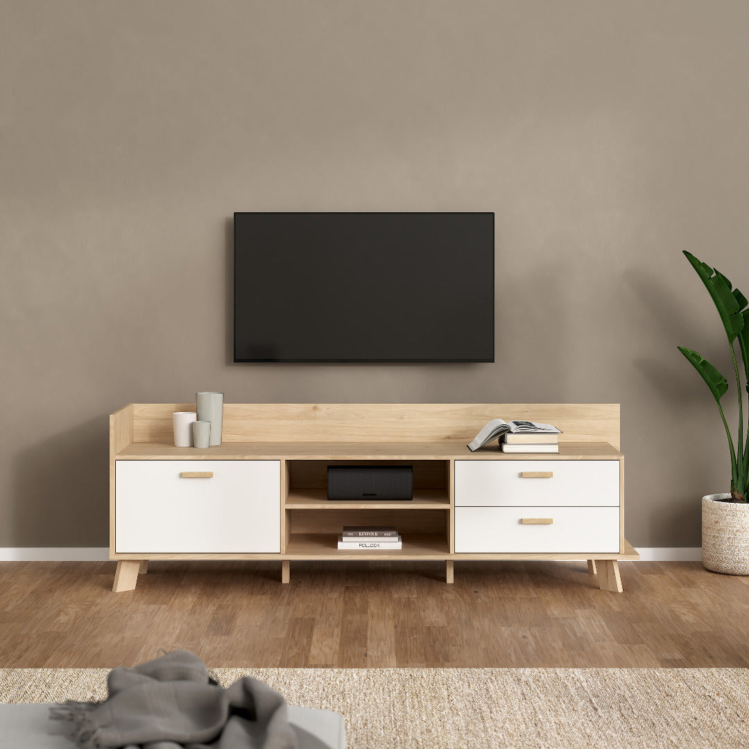 Ikast TV-unit with 1 Door + 2 Drawers in Jackson Hickory and White - Price Crash Furniture