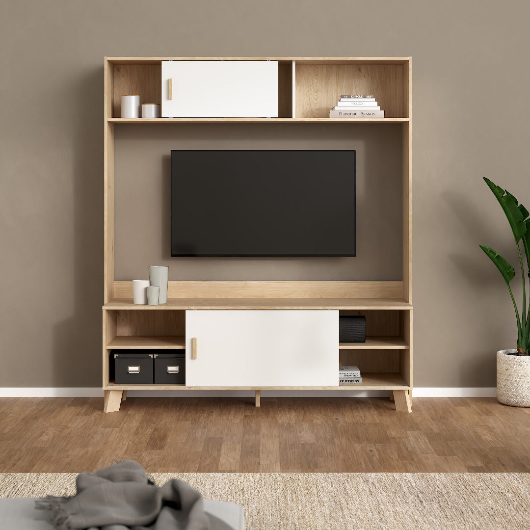 Ikast TV-Wall Unit with 2 Sliding Doors in Jackson Hickory and White - Price Crash Furniture