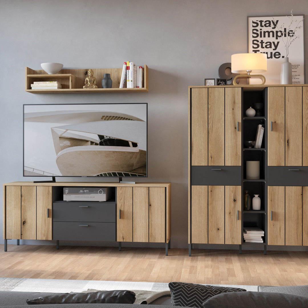 Arundel TV Cabinet 2 Door 2 Drawer 158cm Wide in Oak/Grey - Price Crash Furniture