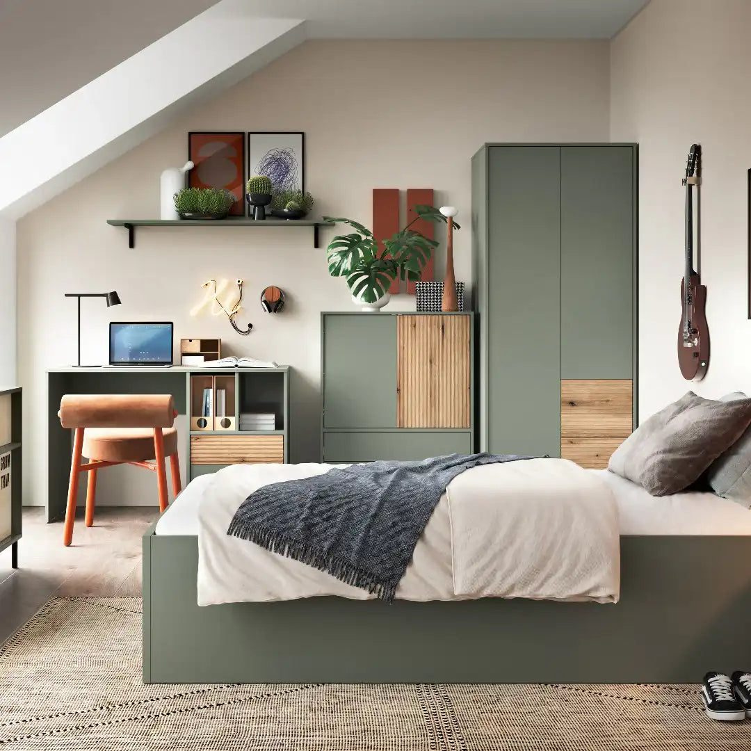 Darwin Wardrobe 2 Door 2 Drawer in Green/Oak - Price Crash Furniture