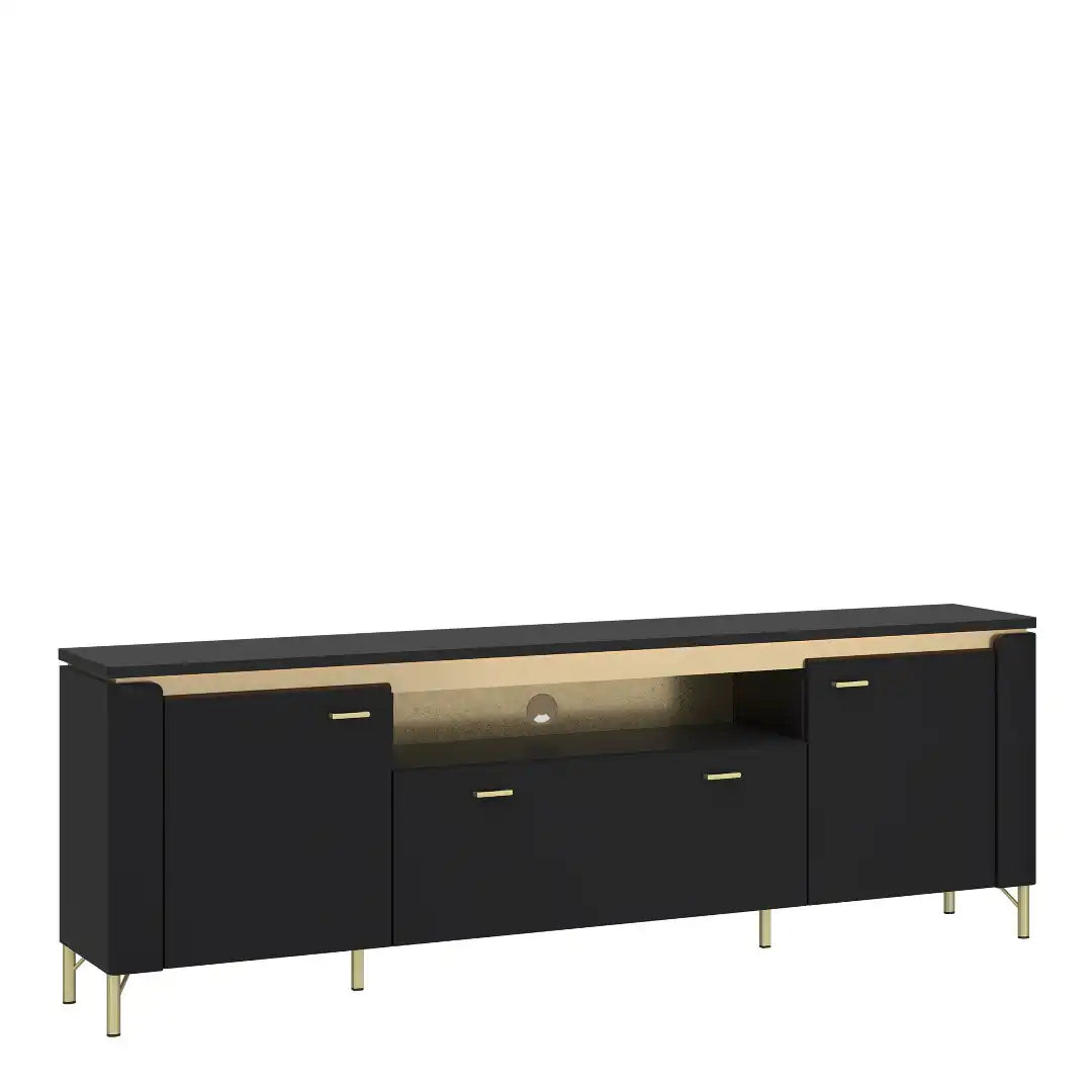 Genoa TV Cabinet 2 Door 1 Drawer 200cm Wide in Black Matt/Gold - Price Crash Furniture