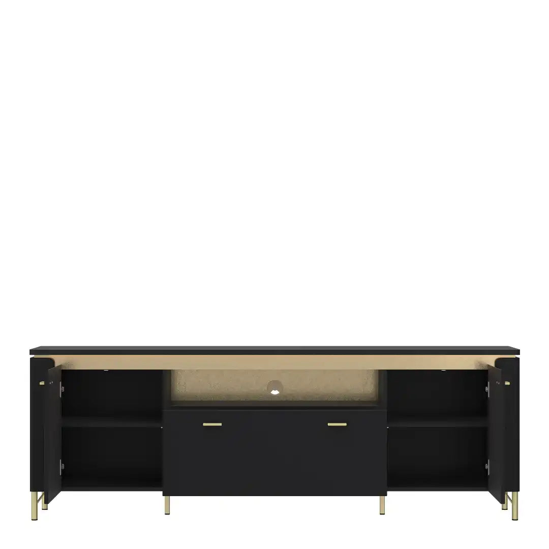 Genoa TV Cabinet 2 Door 1 Drawer 200cm Wide in Black Matt/Gold - Price Crash Furniture
