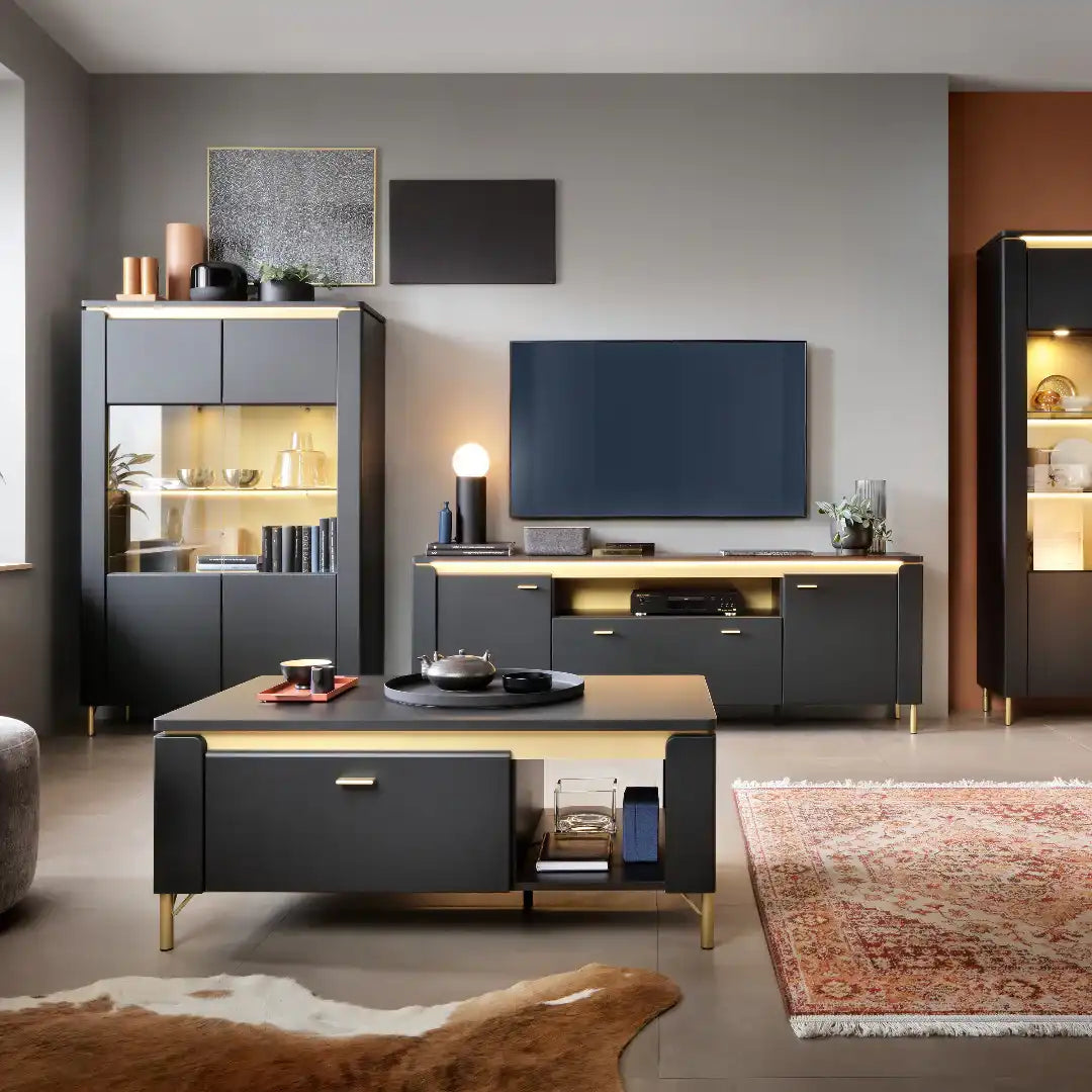 Genoa TV Cabinet 2 Door 1 Drawer 200cm Wide in Black Matt/Gold - Price Crash Furniture