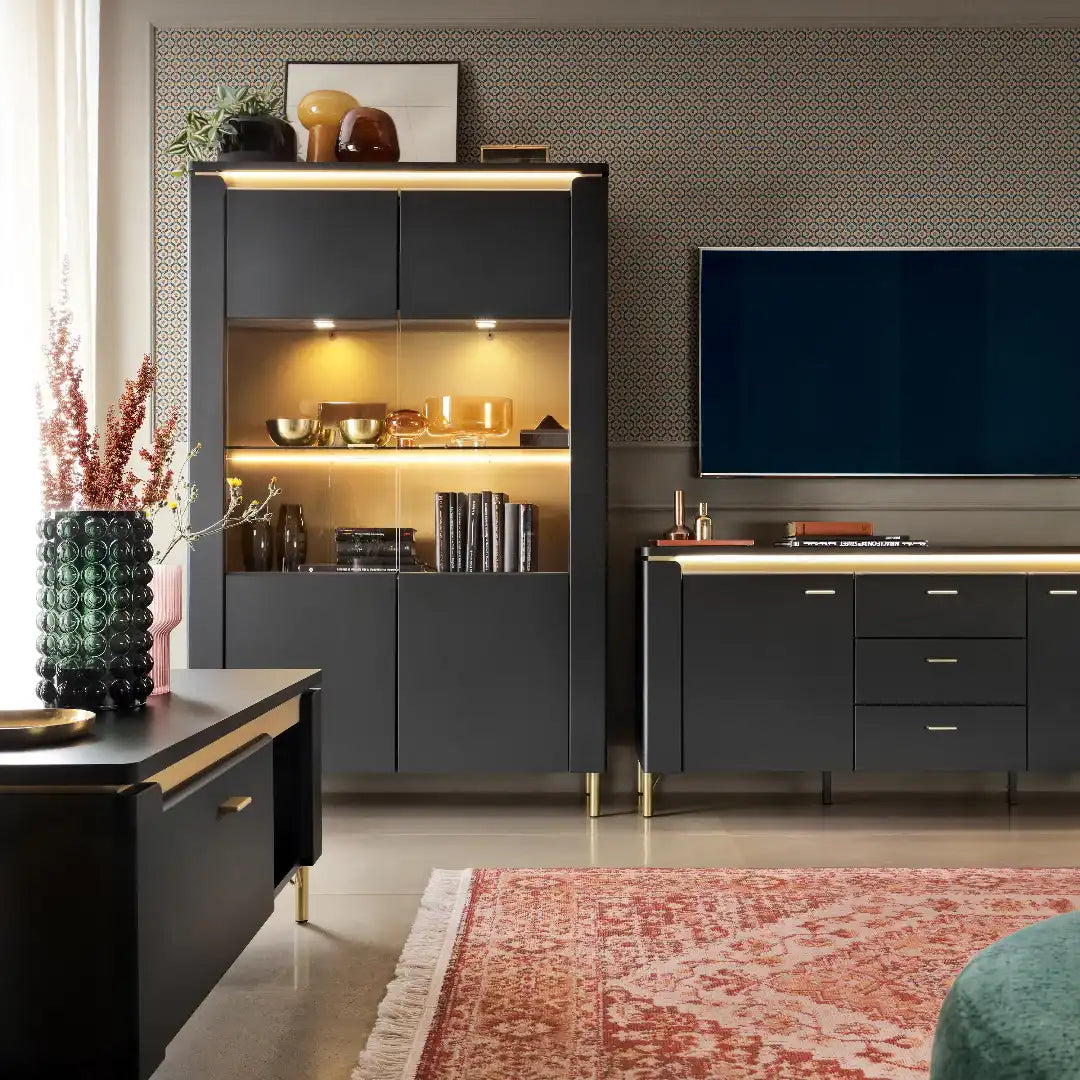 Genoa TV Cabinet 2 Door 3 Drawer 155cm Wide in Black Matt/Gold - Price Crash Furniture