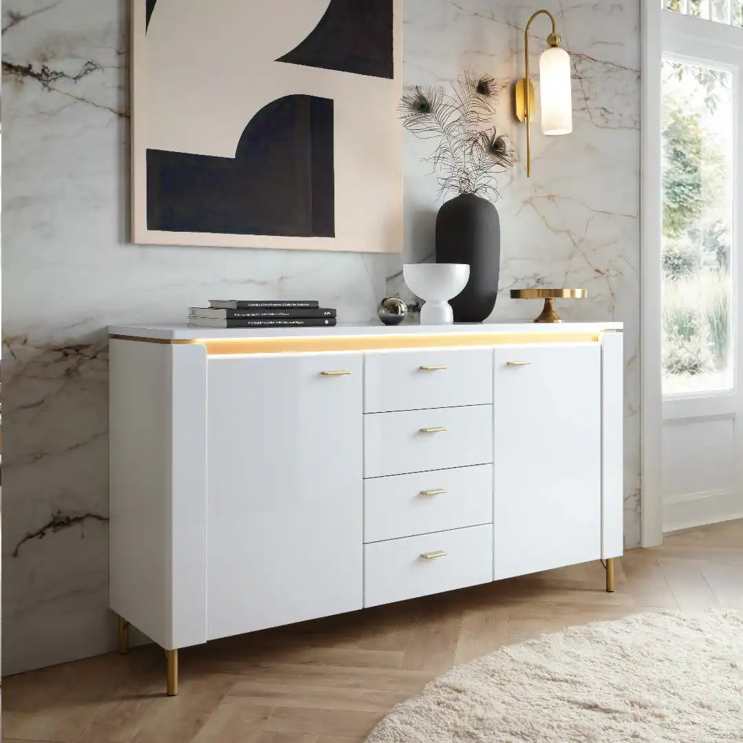 Lazio Sideboard 2 Door 4 Drawer in Alpine White/White Gloss - Price Crash Furniture