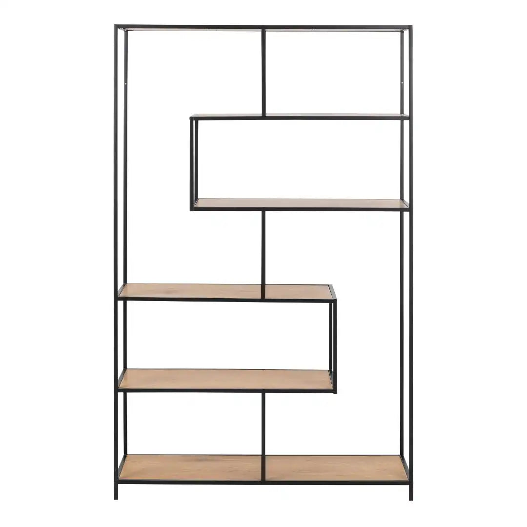 Seaford Black Metal Large Asymmetrical Bookcase with 5 Oak Shelves - Price Crash Furniture